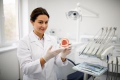 Dentist in gloves holding a dental cast model in a bright clinic, demonstrating dental impressions.