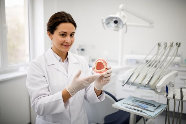 Dentist in gloves holding a dental cast model in a bright clinic, demonstrating dental impressions.