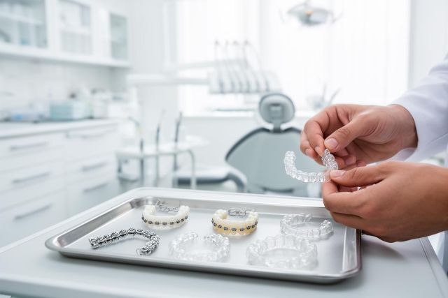 Dentist holding a clear orthodontic aligner above a tray of dental models and braces in a treatment room