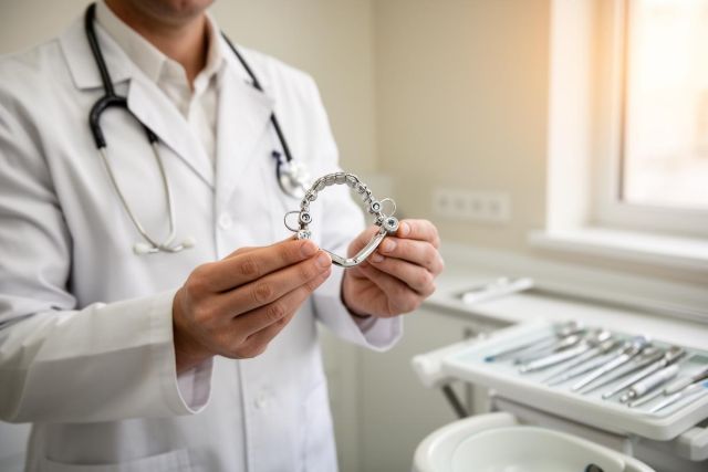 Doctor in a clinic holding a metal palatal expander, demonstrating an orthodontic appliance.