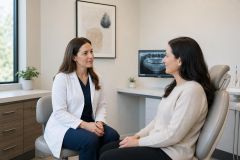Dentist in white coat consulting a patient in dental chair with dental x-ray displayed.