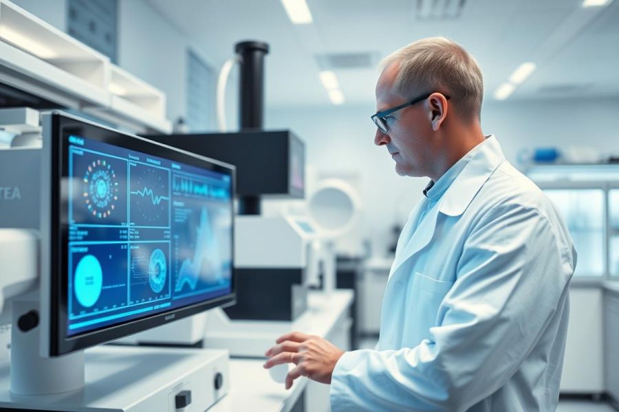Scientist in a modern lab examining data on a monitor displaying complex graphs. The man, wearing glasses and a white lab coat, is focused on the blue-lit screen. A clean, bright environment suggests medical research or technological analysis.