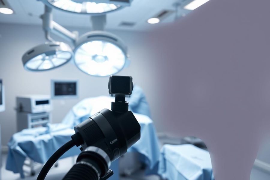 Surgical procedure view. A medical camera is in focus within an operating room setting, showcasing bright overhead lights, blue surgical drapes, and medical equipment. Sterile environment, healthcare technology, and surgical tools are visible.