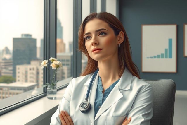 The image depicts a female doctor in her professional attire, sitting at a desk with her arms crossed. She is wearing a lab coat over scrubs and has a stethoscope around her neck. The setting appears to be an office with large windows providing a view of a city skyline.