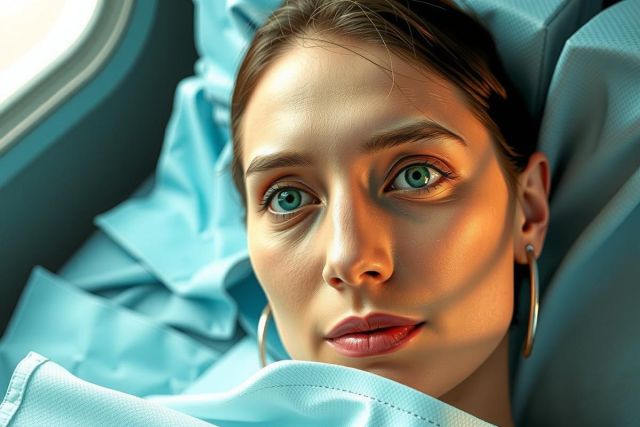 The image shows a woman lying down with her eyes open. She appears to be resting or possibly relaxed. Her hair is slicked back and she is wearing earrings, suggesting that she may be at home or in a private space rather than in a public setting. Her facial expression conveys calmness. The background is casual with soft lighting creating a calm atmosphere.