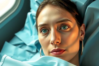 The image shows a woman lying down with her eyes open. She appears to be resting or possibly relaxed. Her hair is slicked back and she is wearing earrings, suggesting that she may be at home or in a private space rather than in a public setting. Her facial expression conveys calmness. The background is casual with soft lighting creating a calm atmosphere.