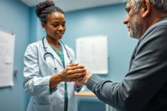 A caring female doctor in a light blue coat and stethoscope comforts an elderly patient in a clinical setting. The image depicts a doctor-patient interaction, showcasing compassionate healthcare and medical care within a blue-toned examination room. Focus on empathy and well-being.