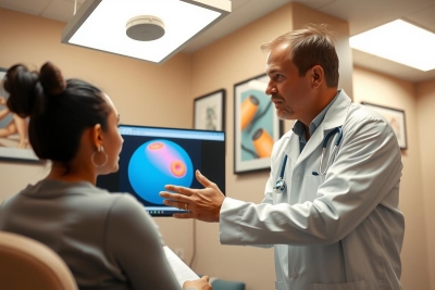 Doctor in white coat explains a medical scan to a patient in a clinic setting. Healthcare professional, diagnostic imaging, medical consultation, patient care, examination room.