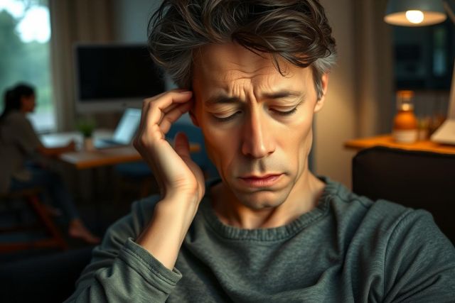The image shows a man sitting in what appears to be a home office setting. He has his hand on his face, suggesting he is deep in thought or possibly experiencing stress or frustration.