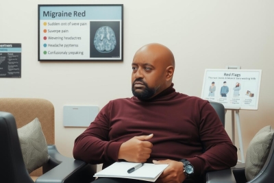 The image features a man seated in an office environment, possibly receiving healthcare-related information or discussing medical matters. The man has a full beard and is dressed in business attire. In the background, there's medical equipment and informational posters related to headaches or migraines.