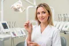 Dentist in a clinic holding a clear removable aligner between fingers, demonstrating a transparent orthodontic retainer.