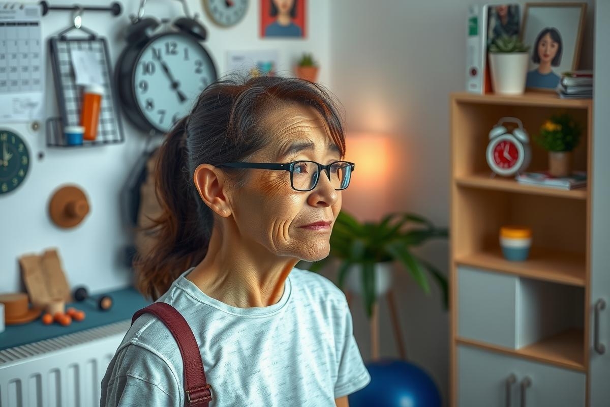The image portrays an older woman in her home environment, appearing to be surprised or puzzled by something. She is dressed in casual attire and holds a bag over one shoulder.