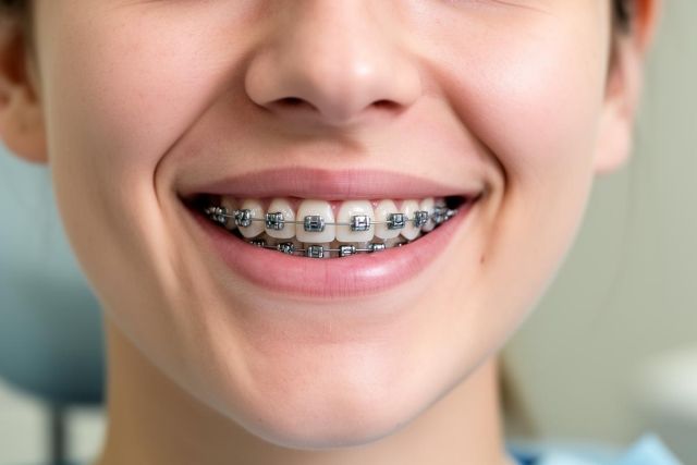 A close-up shot of a smiling person's mouth featuring metal dental braces on white teeth. 
