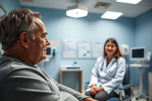 Doctor consults with a patient in a bright, modern medical clinic. The image features a healthcare setting with blue walls, medical equipment, and a focus on patient care and communication.  A friendly doctor and patient interaction are depicted.
