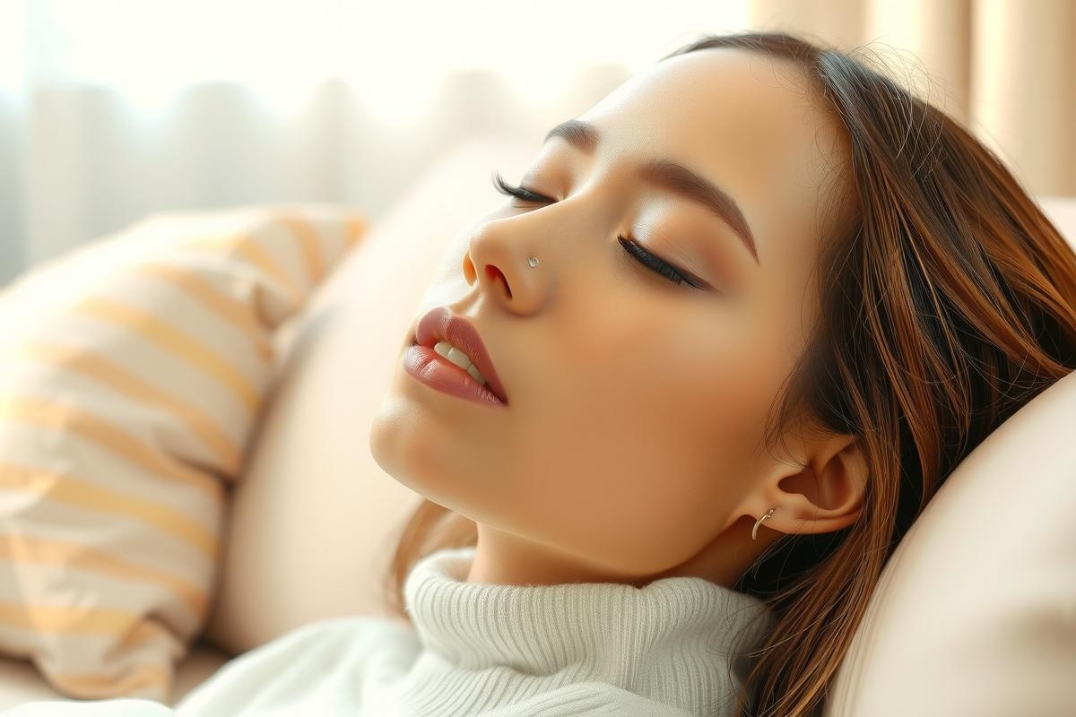 The image shows a woman resting with her eyes closed, possibly asleep or in deep relaxation. She has her hair down and appears to be at ease on a bed. The setting is indoors, and the lighting creates a warm ambiance.