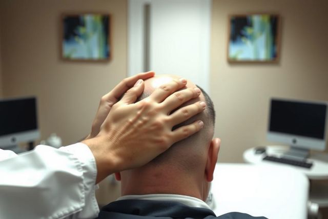 Close-up of a person's head being touched, possibly during a medical exam or consultation. Background shows a blurred office setting with computers. Neutral colors dominate the scene.