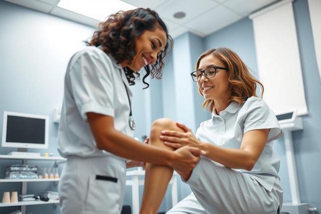 A healthcare professional examines a patient's knee in a medical office setting. The image showcases a clinical examination, with the focus on knee assessment. Bright and clean environment.