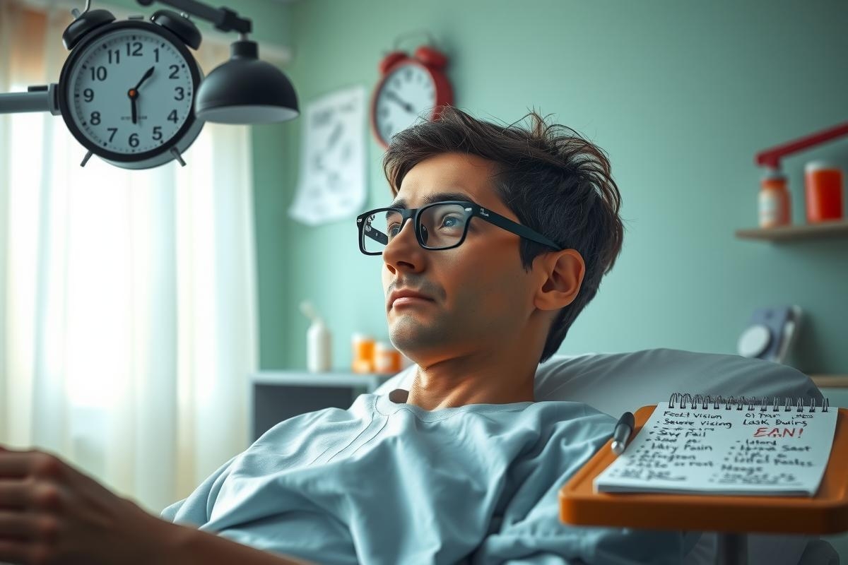 In the image, a man in a hospital bed is seen through an observation window. He's wearing glasses and appears to be in a state of rest or waiting for medical assistance. There are various medical-related objects in the background such as a clock on the wall and other medical paraphernalia that suggest this setting is within a healthcare facility.