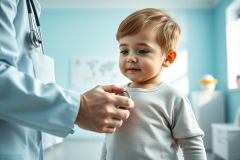Doctor examining a young child with a stethoscope in a bright, blue-toned pediatric office. Focus on health checkup, child's wellness, and medical care. Gentle and reassuring scene.