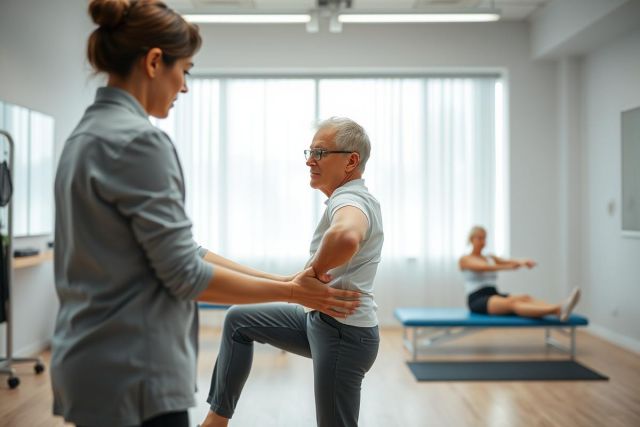 Physical therapy session: A therapist assists an elderly man with stretching exercises in a bright, modern clinic. Another patient is visible in the background. Focus on rehabilitation, senior fitness, and healthcare professionals. Gray and white tones dominate the scene.