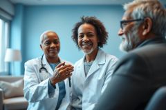 Healthcare professionals - a male and female doctor in white coats - consult with a senior patient in a modern, blue-toned office setting. Warm smiles and a stethoscope suggest a positive doctor-patient relationship and quality medical care.