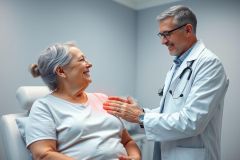 Doctor examining elderly patient in a medical office. Smiling healthcare professional in white coat checks a senior woman with gray hair. Blue and white color scheme, representing a clinical environment and positive healthcare experience.