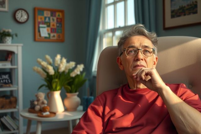A middle-aged man in a red shirt sits comfortably in an armchair, pondering with his hand on his chin. The living room is cozy and well-decorated with floral arrangements, books, and personal mementos.