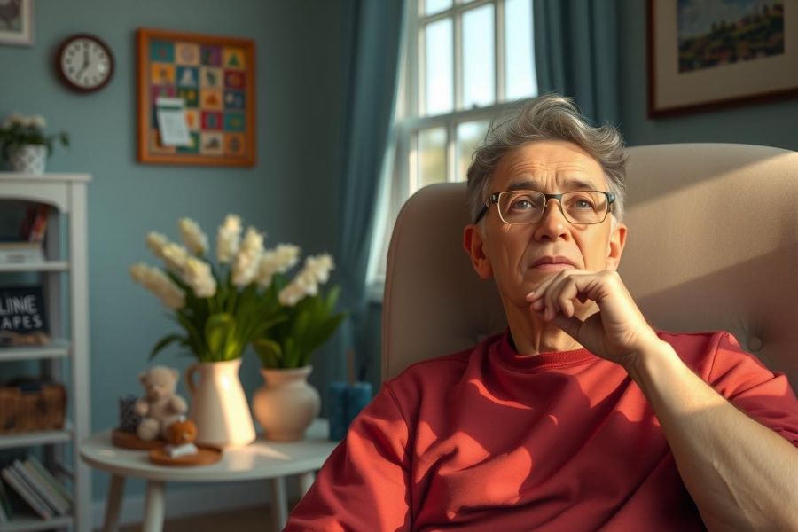 A middle-aged man in a red shirt sits comfortably in an armchair, pondering with his hand on his chin. The living room is cozy and well-decorated with floral arrangements, books, and personal mementos.