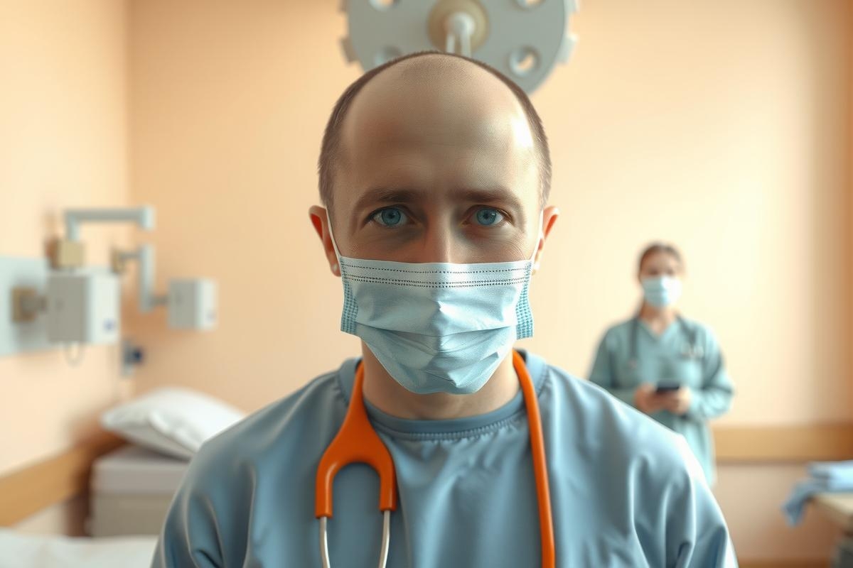 This is a photo taken in a medical setting. In the foreground, there is a person wearing a face mask and a medical gown, indicating a healthcare worker. The person looks directly at the camera with a neutral expression. Behind this person is another healthcare worker who appears to be wearing similar clothing. In the background are clinical furniture and equipment commonly found in hospitals or medical facilities.