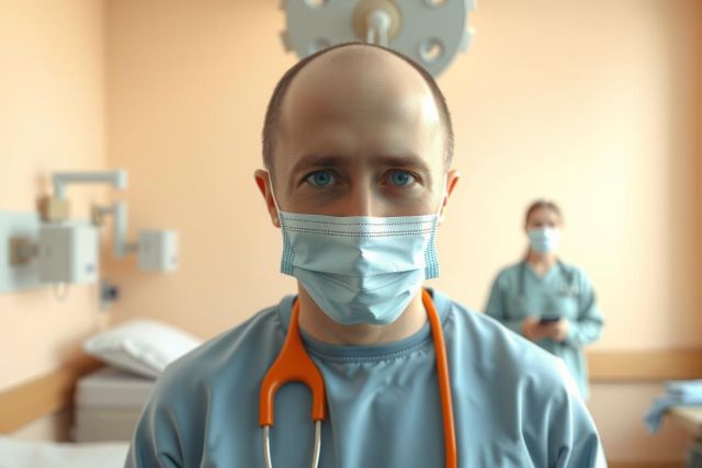 This is a photo taken in a medical setting. In the foreground, there is a person wearing a face mask and a medical gown, indicating a healthcare worker. The person looks directly at the camera with a neutral expression. Behind this person is another healthcare worker who appears to be wearing similar clothing. In the background are clinical furniture and equipment commonly found in hospitals or medical facilities.