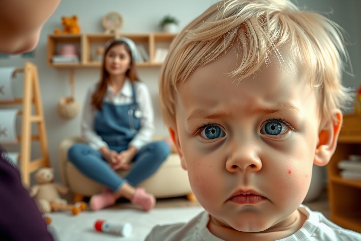 This image depicts a domestic scene with two adults and a young child. The child, who is the main focus of the image, has blue eyes and appears to be making a surprised or confused expression. The room has a cozy, lived-in feel with various household items scattered around, including books and a teddy bear.