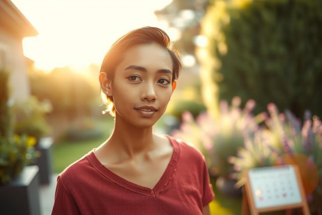 The image shows a person standing outdoors during sunset. The individual is wearing a red top and appears to be looking at the camera with a neutral expression. The setting includes a garden area with plants, flowers, and what seems like a wooden table in the background. The warm colors of the sunset cast a gentle glow on the scene.