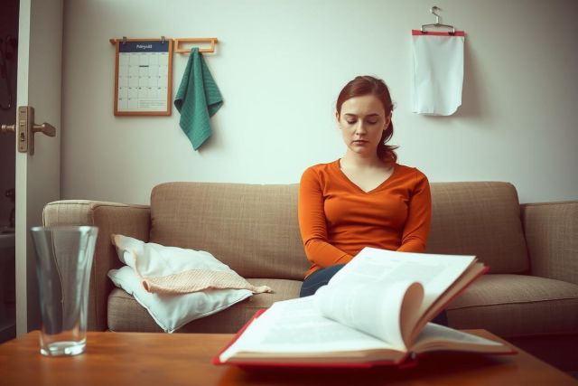 The image shows a woman sitting on a beige couch, leaning forward with her hands clasped together. She is wearing an orange long-sleeved top and appears to be focused or contemplating something.
