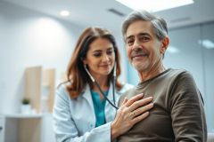 Doctor examining a senior man with a stethoscope in a bright, modern medical clinic. Healthcare checkup, patient care, and wellness concept. Focus on professional medical examination and senior health.