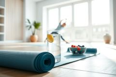 Bright, airy home yoga studio with a blue yoga mat, glass of lemon water, and fruit bowl. A person practices yoga near a large window. Healthy lifestyle, wellness, and fitness concept with natural light and minimalist decor.