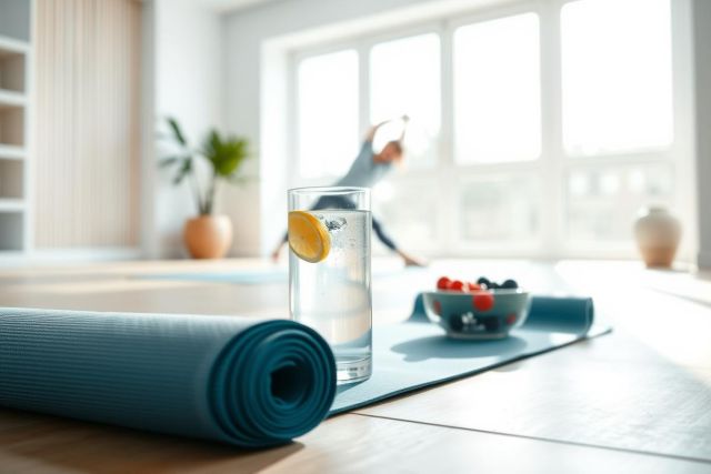Bright, airy home yoga studio with a blue yoga mat, glass of lemon water, and fruit bowl. A person practices yoga near a large window. Healthy lifestyle, wellness, and fitness concept with natural light and minimalist decor.