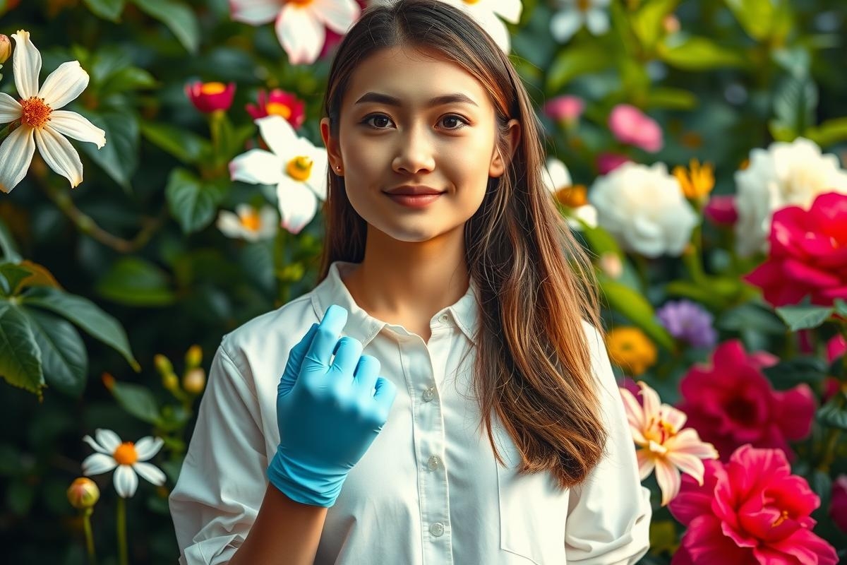 The image features a young woman wearing a white shirt and holding blue gloves. She is standing in front of a vibrant flower garden with various colorful flowers blooming around her.