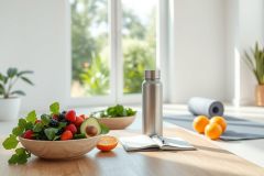 Healthy lifestyle scene featuring a bowl of fresh berries and greens, a stainless steel water bottle, and a yoga mat near a bright window. Focus on wellness, fitness, and nutritious food in a light, airy room.
