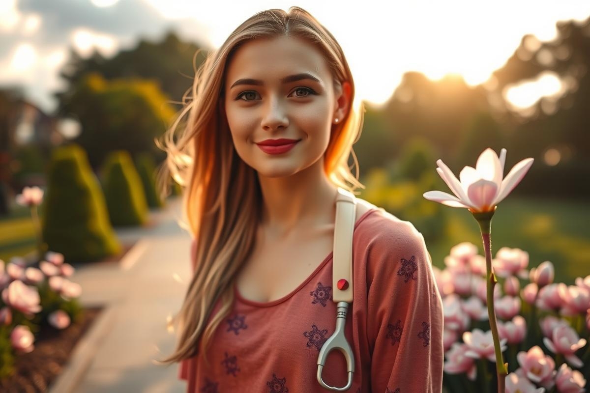 A young woman with long blonde hair and a smile on her face, walking towards the camera. She is wearing a pink top and carrying a small handbag. The background consists of lush greenery and flowers, suggesting a park or garden setting during what appears to be spring or summer season.