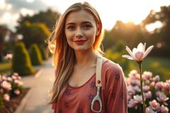 A young woman with long blonde hair and a smile on her face, walking towards the camera. She is wearing a pink top and carrying a small handbag. The background consists of lush greenery and flowers, suggesting a park or garden setting during what appears to be spring or summer season.