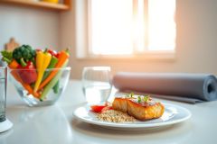 Healthy meal prep featuring grilled salmon and rice on a plate. A glass of water and a bowl of colorful vegetables are nearby, suggesting a balanced diet and wellness focus.