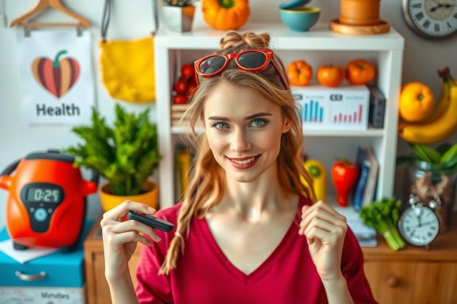 In this photo, a young woman is seen in a lively kitchen setting. Wearing sunglasses and a red top, she poses cheerfully, holding a device in one hand.
