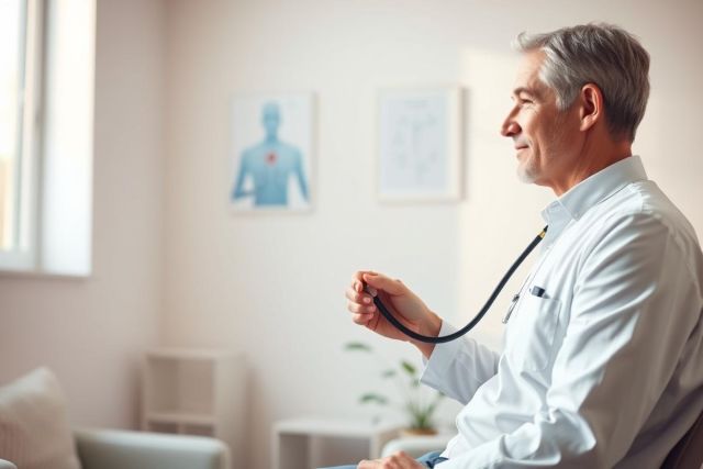 Mature male doctor in a white coat holding a stethoscope in a bright, modern medical office. Anatomical chart visible on the wall. Professional healthcare setting, warm tones, focus on patient care and medical examination.