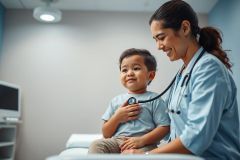 A smiling doctor examines a young child with a stethoscope in a bright, modern medical clinic. The scene features calming blue and gray tones, depicting a pediatric check-up and healthcare setting.