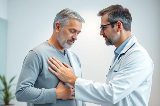 Doctor examining a concerned middle-aged man in a clinical setting. The image depicts a medical checkup with a focus on chest pain or discomfort, featuring a doctor in a white coat and a patient with gray hair and a worried expression. Healthcare, medical examination, and patient care themes are prominent.