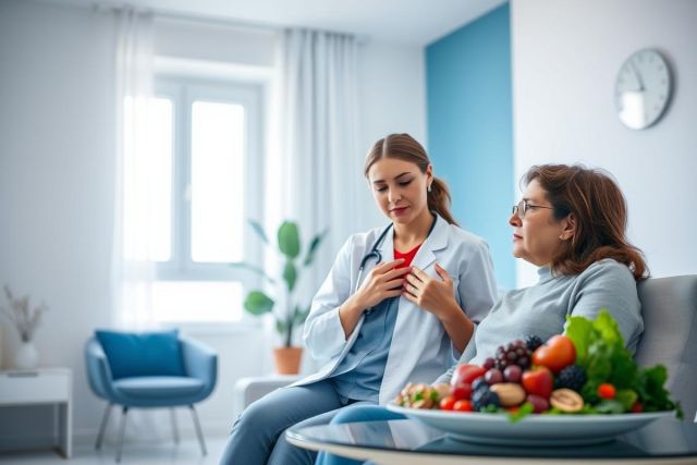 Doctor examining a patient in a bright, modern clinic setting. Focus on health consultation, nutrition, and wellness; a plate of fresh fruits and vegetables is present. Blue and white color scheme, emphasizing a clean and professional atmosphere.