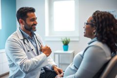 Doctor consults with a pregnant patient in a bright, modern clinic. The image depicts a healthcare professional in a white coat and stethoscope speaking with a smiling woman, showcasing prenatal care and medical consultation.