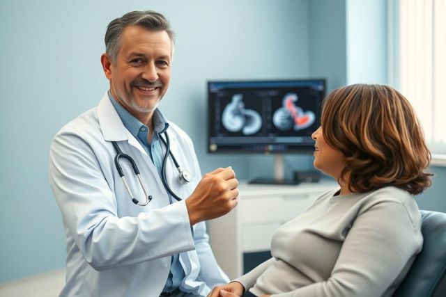 Doctor in a blue exam room consults with a pregnant patient. Ultrasound image displayed on screen. Healthcare, prenatal care, and medical examination concepts are visible. Blue and white tones dominate the scene.