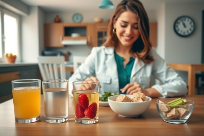 This is a photograph of a woman in a modern kitchen setting. She appears to be enjoying a healthy meal, featuring items such as strawberries, broccoli, and water. The environment suggests a clean, contemporary home with a focus on wellness and nutrition.