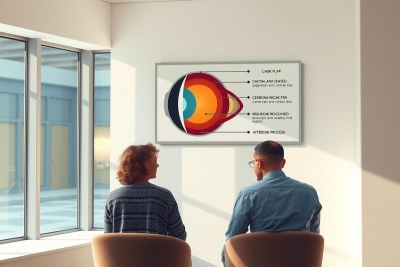 This is a photograph of a professional setting. There are two individuals sitting in a meeting room, facing towards a large screen displaying an infographic or presentation. The focus of the image suggests it may be related to consultation or business strategy as indicated by the content on the screen and their attentive posture.
